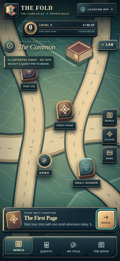 The Fold mobile prototype with quests, local progress and an adventure interface